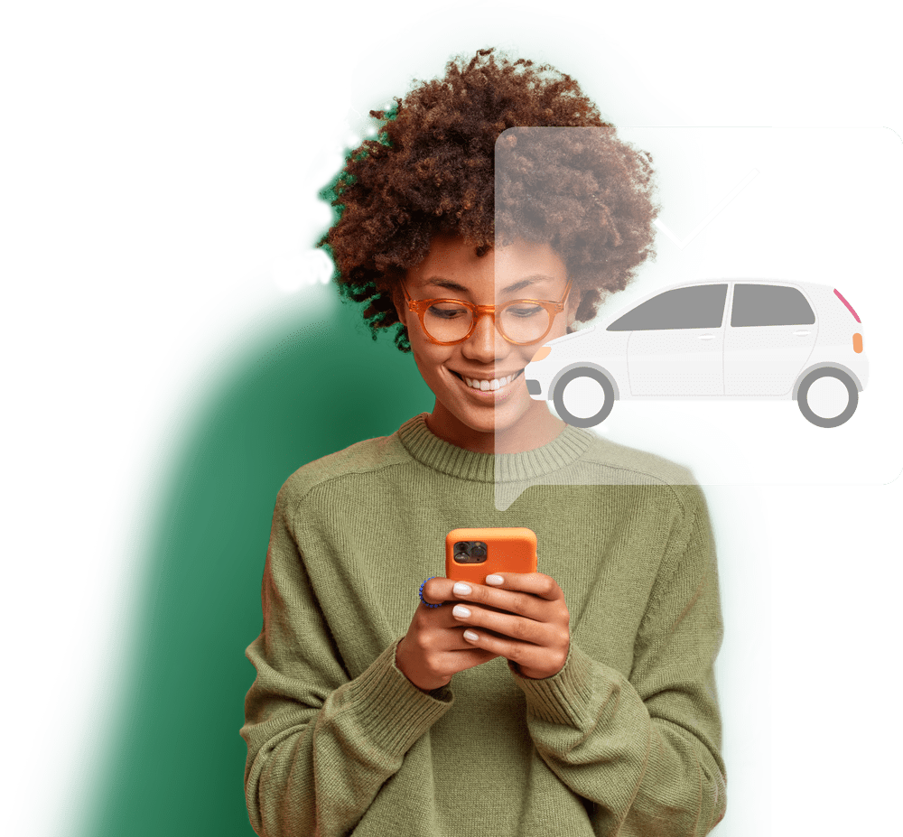 model holding smartphone with illustration of vehicle with checkmark above the vehicle