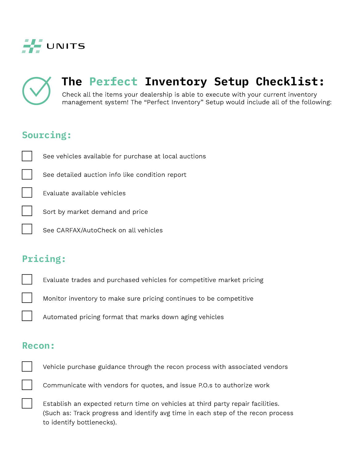 Units PerfectSystem checklist