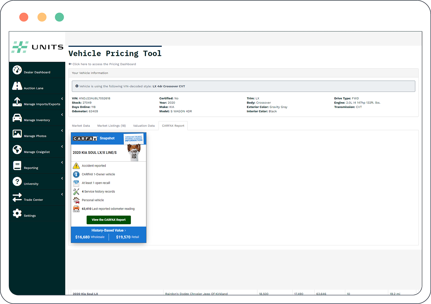 tablet mockup showing vehicle carfax information