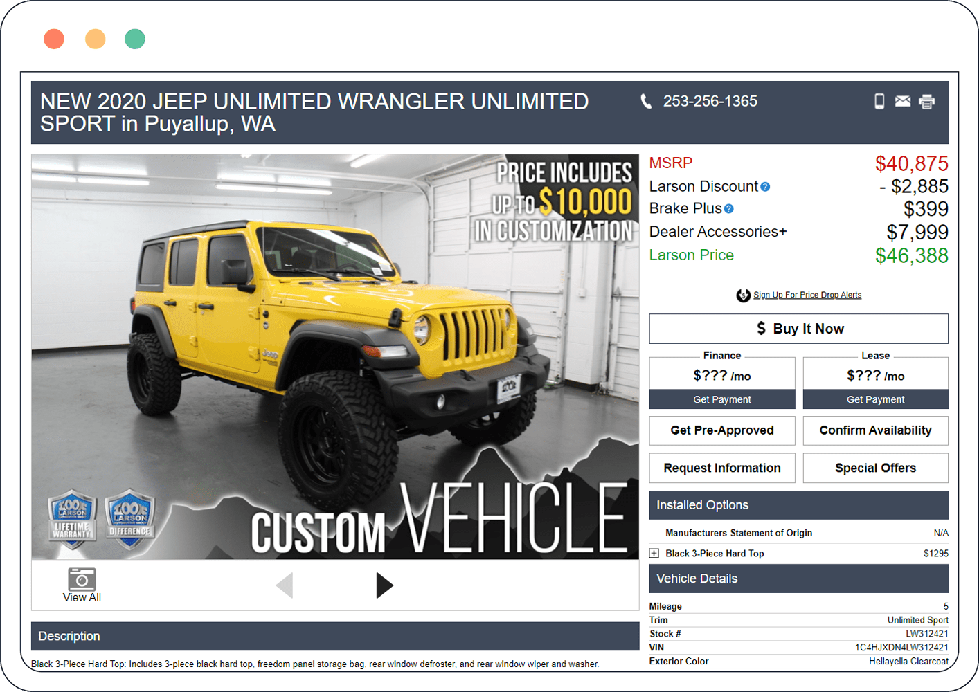 vehicle details page for yellow Jeep Wrangler