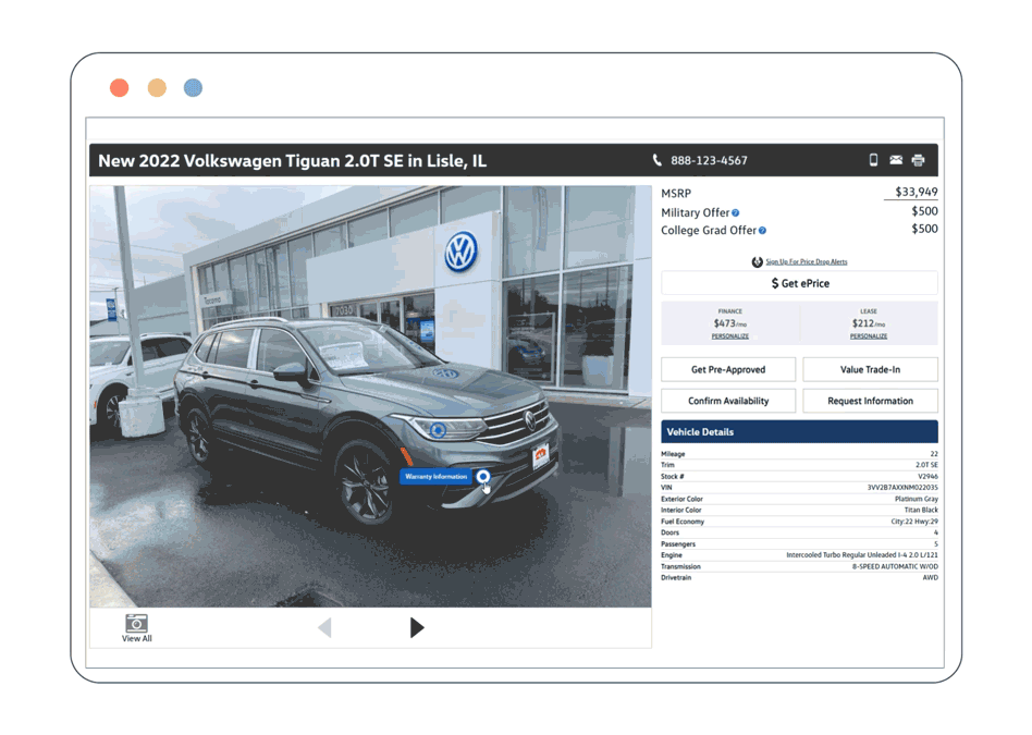 buttons over image that show pop ups with vehicle information
