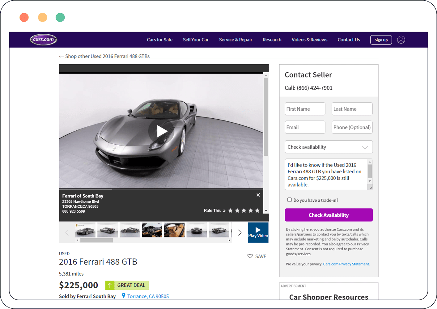 video for silver Ferrari appears on Cars.com page